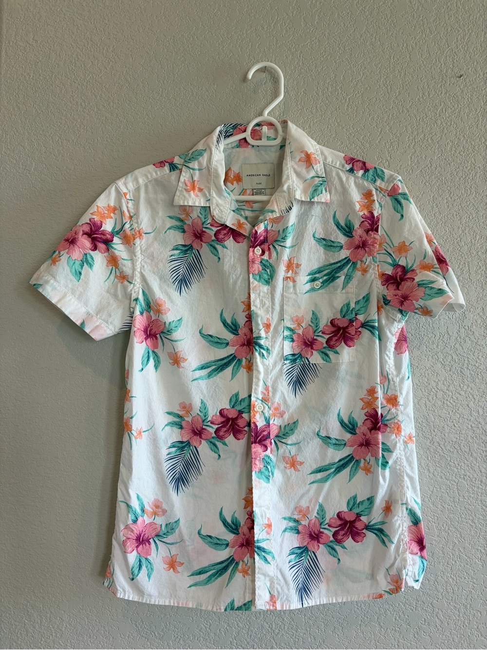 Men's Floral Short-Sleeve Shirt - White with Pink & Teal Flowers